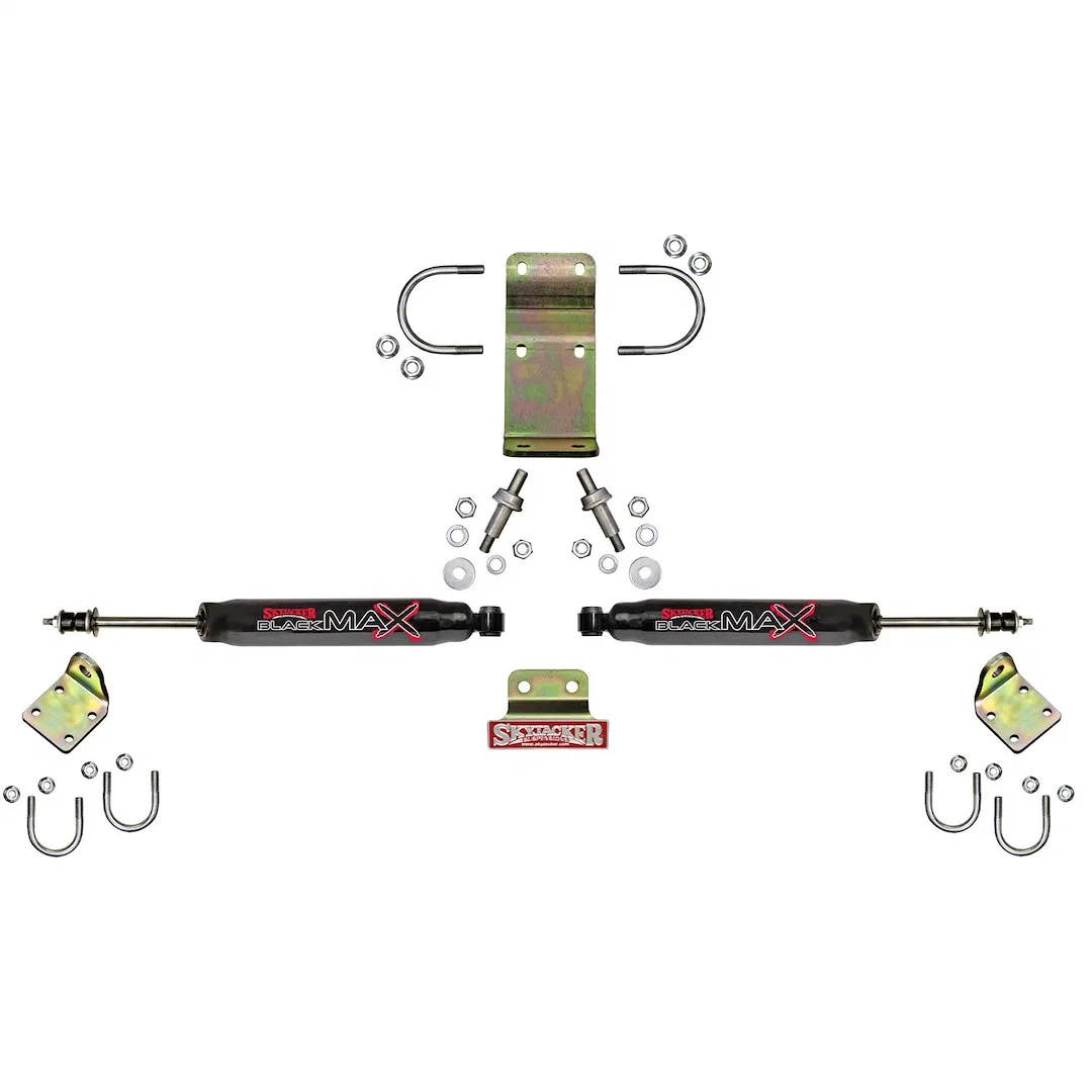 8208 – SKYJACKER Steering Stabilizer, Dual Black Body With Mounting Brackets/ Installation Hardware Set Of 2
